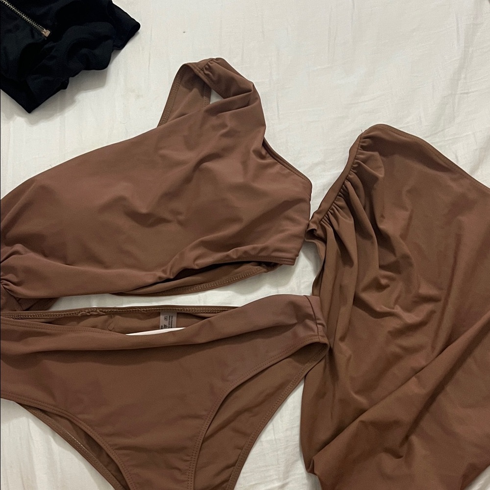 Brown One-Shoulder Bikini Set
